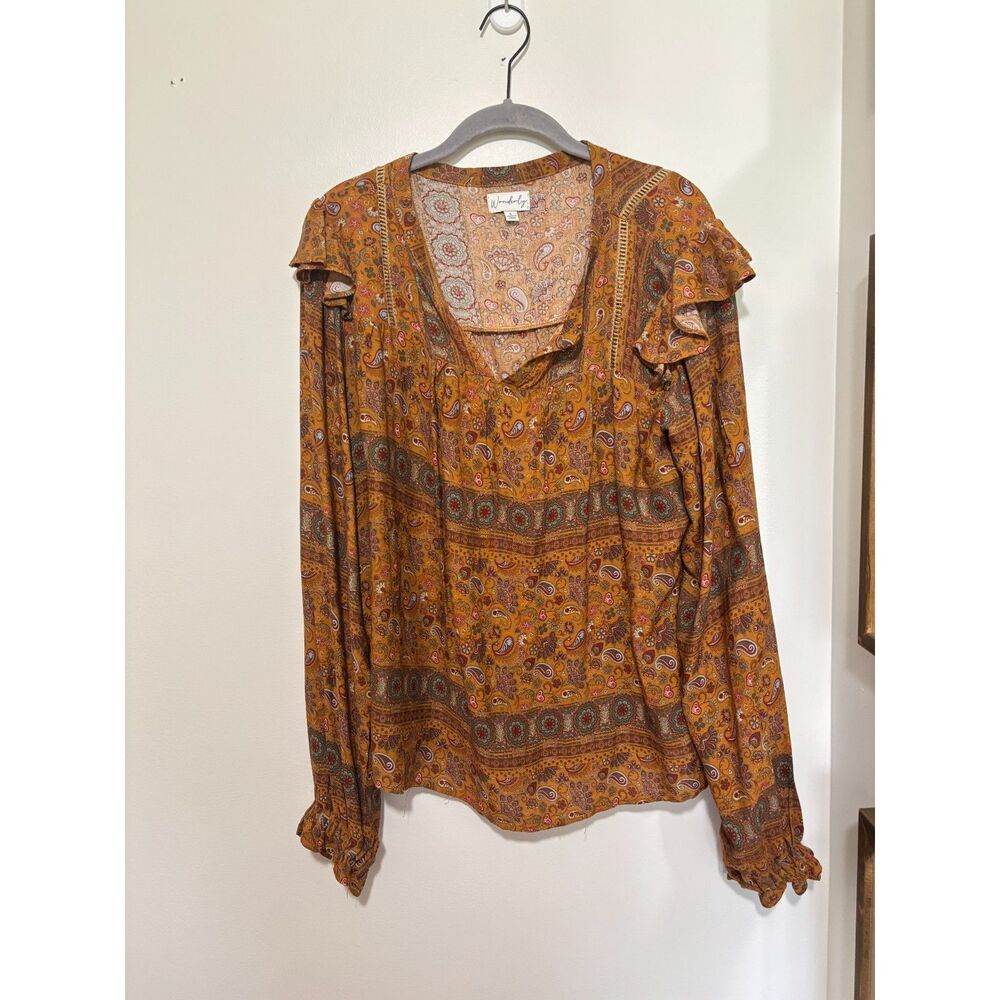 Wonderly Boho Paisley Blouse Mustard Floral Peasant Top‎ Rayon Flowy Cottagecore